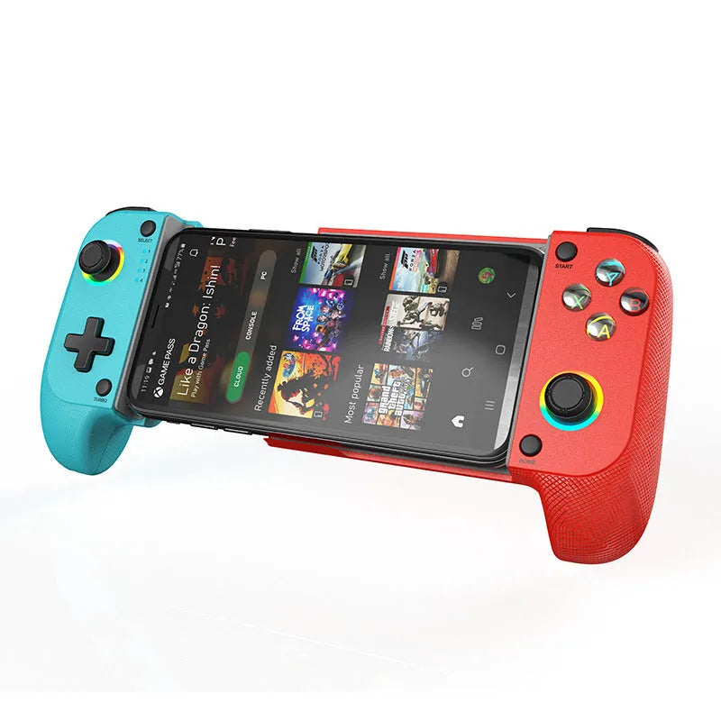 Bluetooth stretching mobile game controller in black, red and blue, or white colours