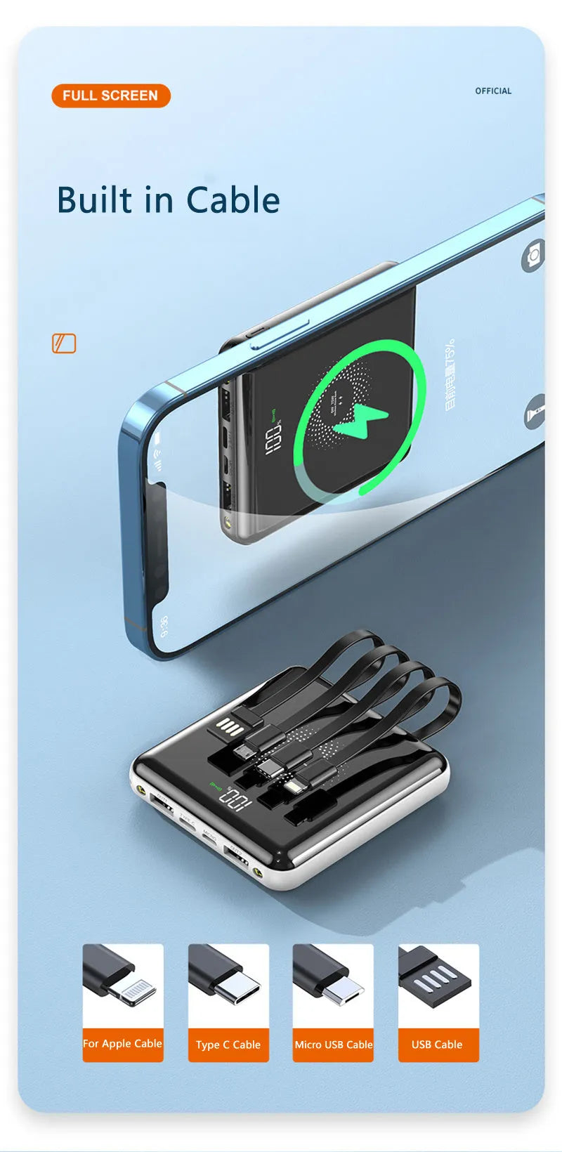 Black 20000mAh fast charging power bank with LCD display showing battery percentage.