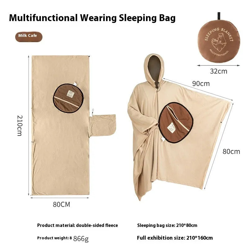 Multi-purpose polar fleece cloak sleeping bag in Army Green shown worn as a cape with hood