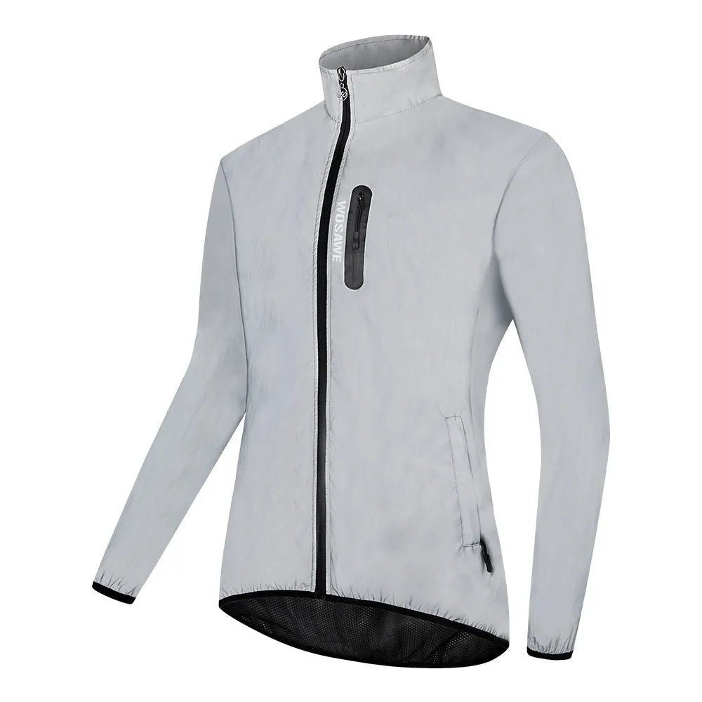 Silver waterproof polyester long sleeved jacket showing front view with size label indicating Asian and European conversion