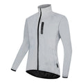 Silver waterproof polyester long sleeved jacket showing front view with size label indicating Asian and European conversion