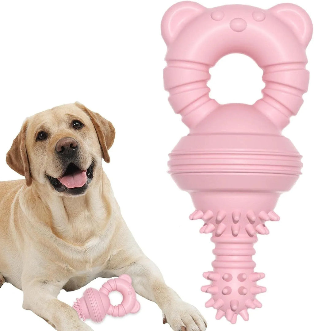 Blue rubber dog chew toy with textured surface and bell inside, for aggressive chewers.