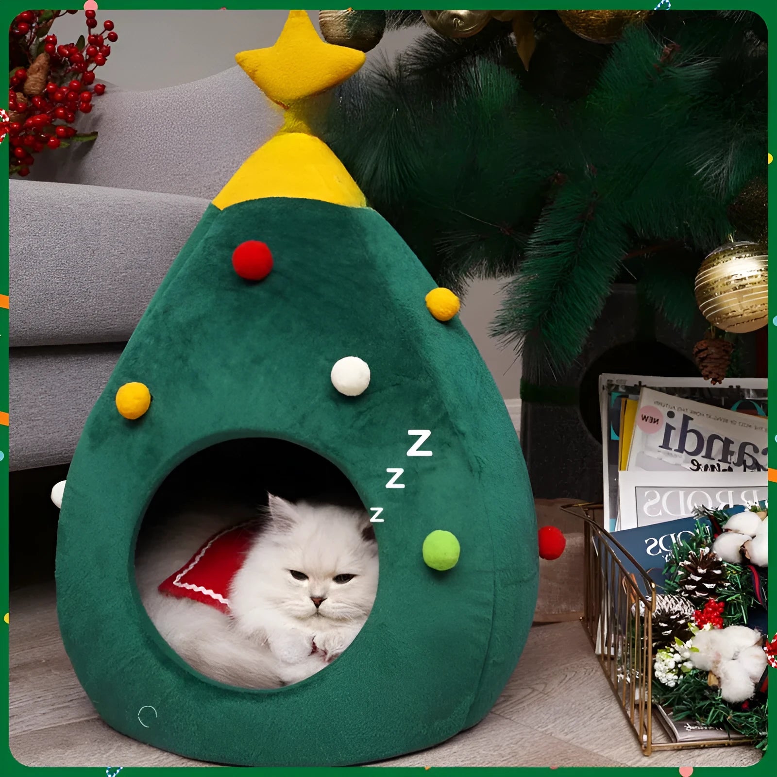 Red Christmas tree shaped plush cave bed for a cat or small dog on a wooden floor