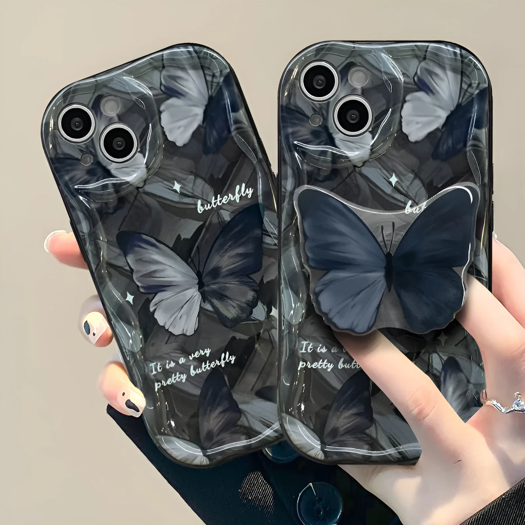 Butterfly bracket silicone drop-resistant phone case for Apple iPhone, solid black design, thermal transfer process, all-inclusive protection