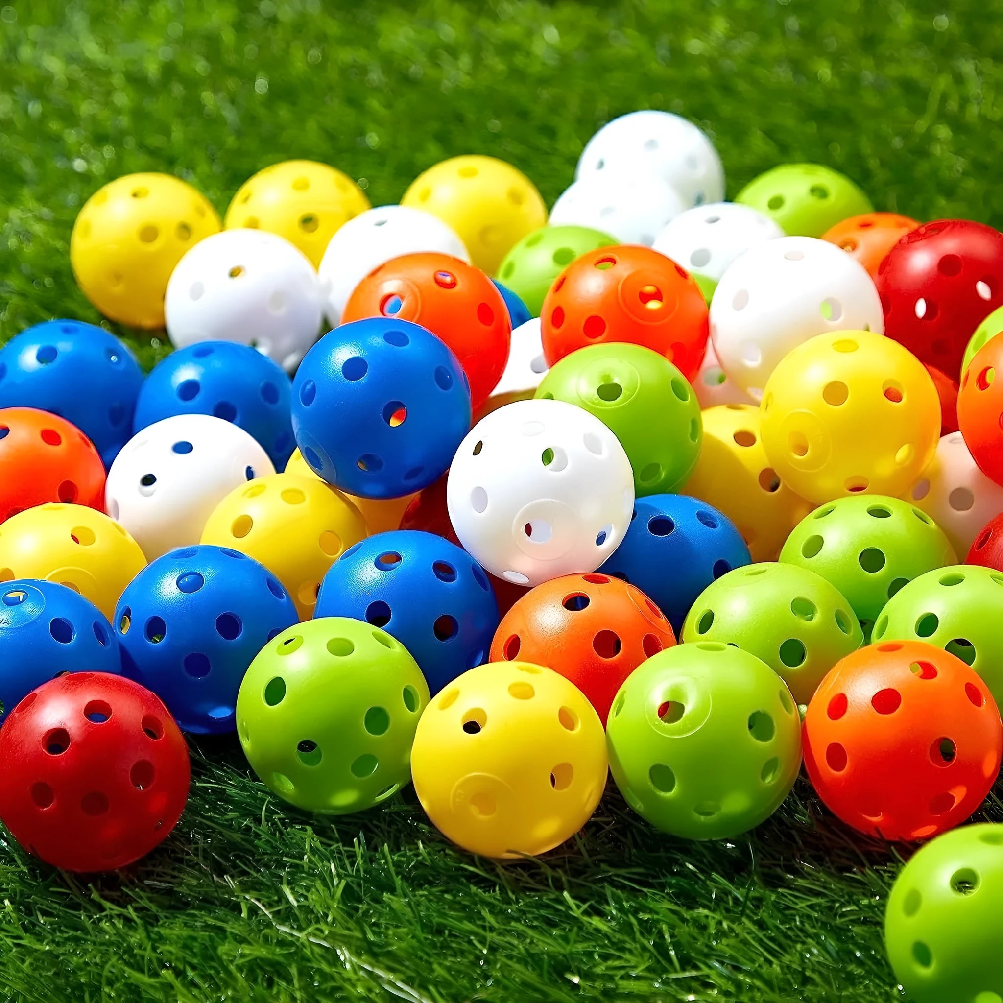 Assorted brightly coloured golf practice balls in red, orange, blue, green, white and yellow on a net.