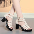 Women's hollow-out high heels with rhinestone decoration in beige and black colours with buckle fastening