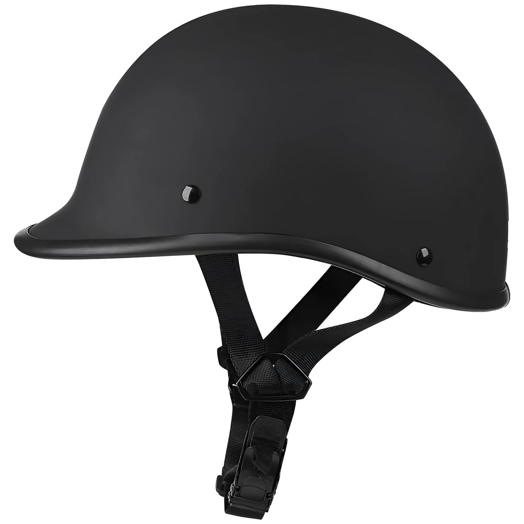 Retro motorcycle helmet in matte black with a hand-curved ABS shell on a neutral background.