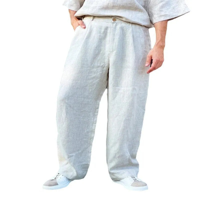 Men's loose fit linen pleated high waist jogger pants in grey with straight leg cut