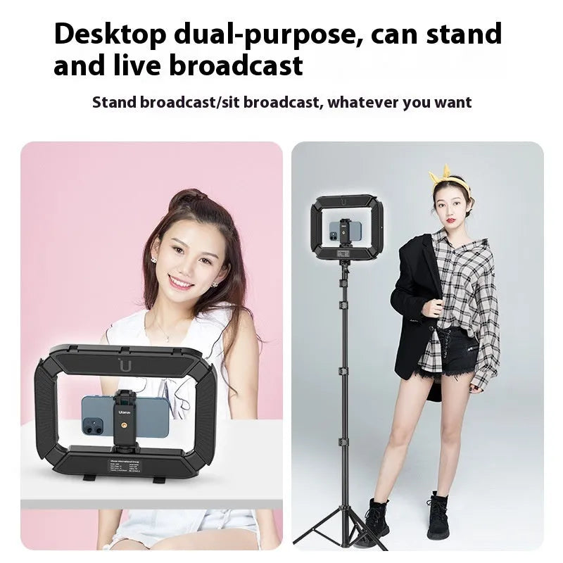 White handheld ring photography fill light bracket with frosted soft light panel, circular lamp, phone clip, and 20W CRI96 LED.