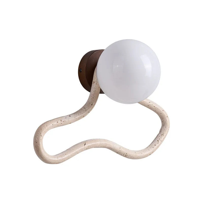 Cream Middle Ancient style bedroom wall lamp with travertine glass shade and solid wood base