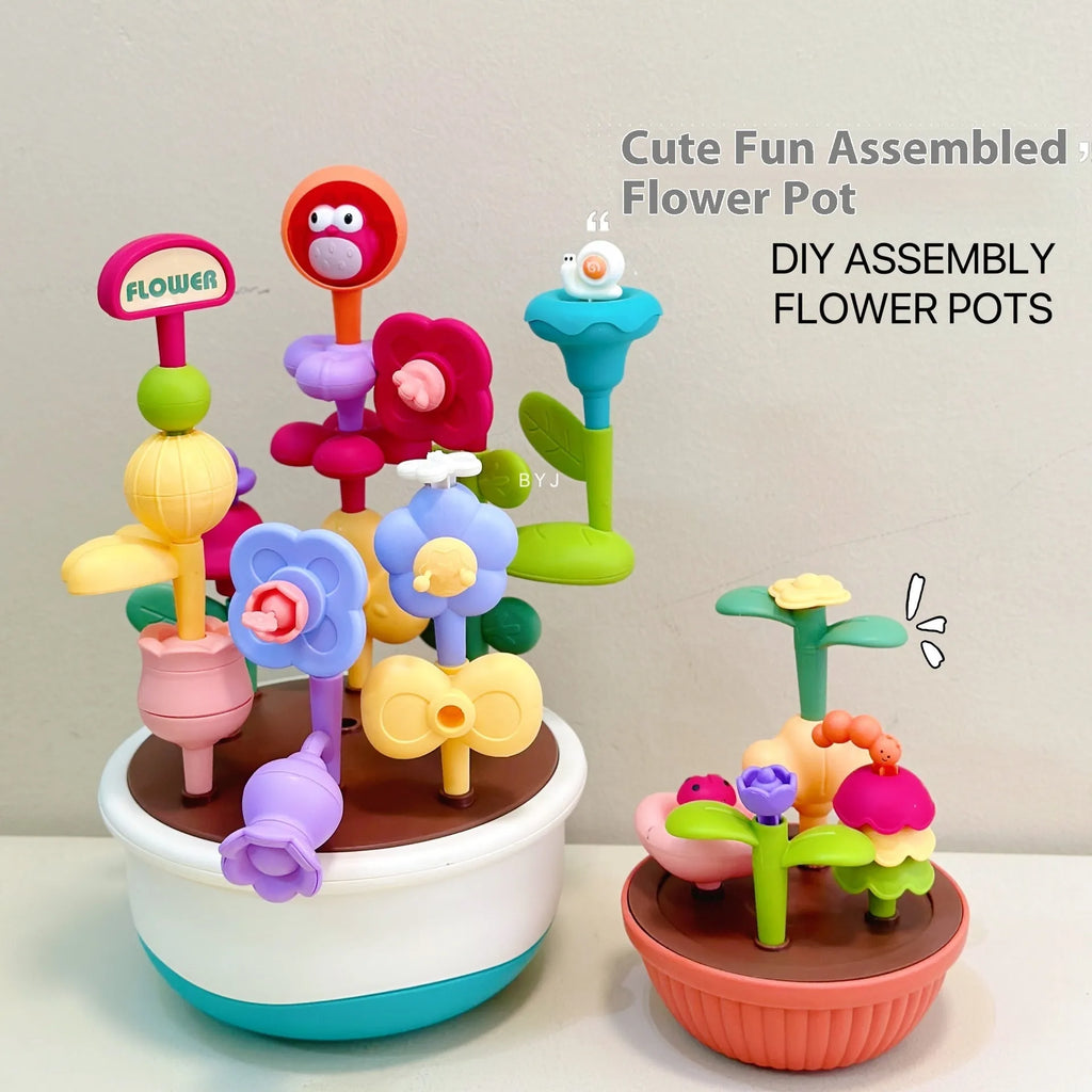 Children's plastic flowerpot building blocks set in colour box packaging for creative garden assembly toy