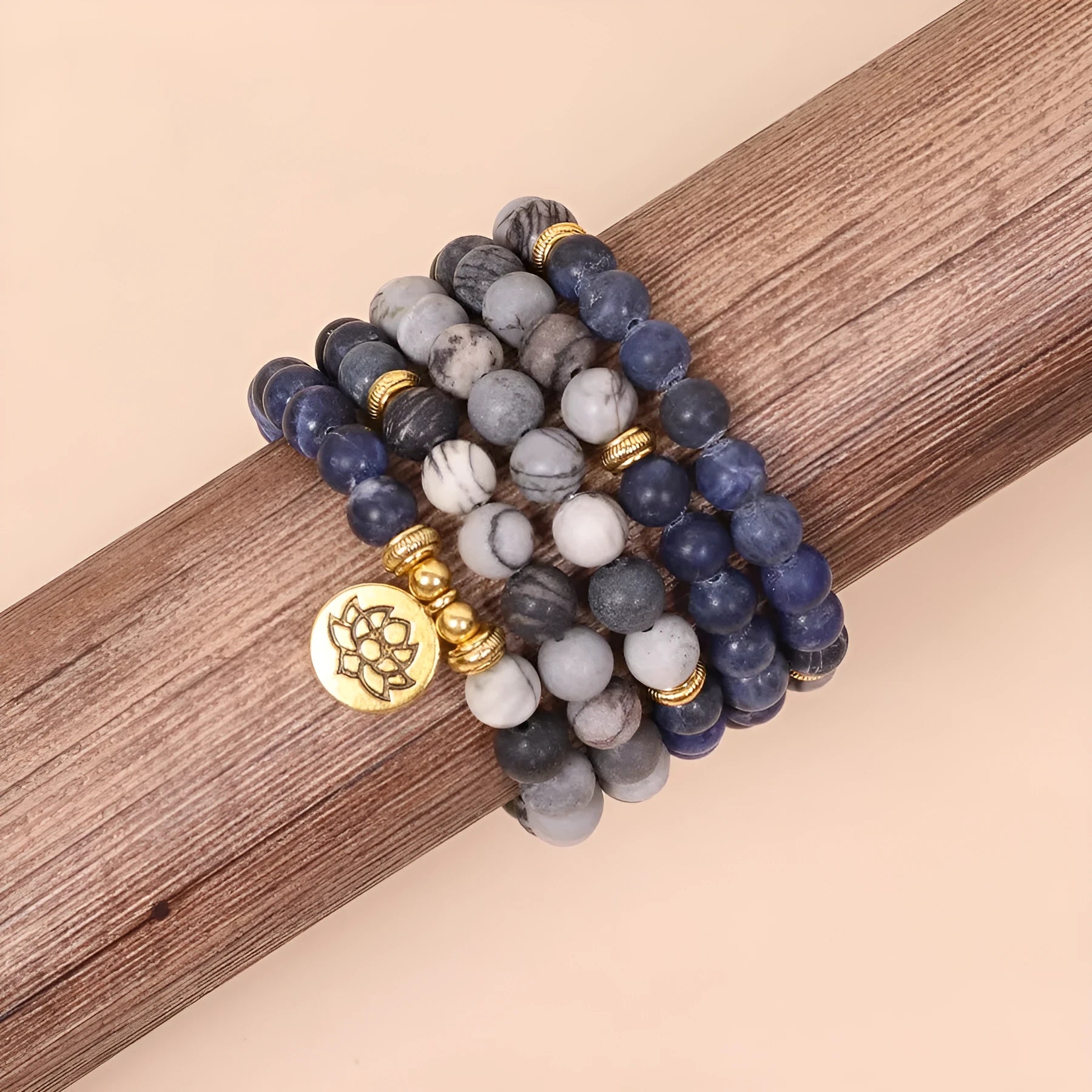 Blue patterned network stone beads on multi-layer alloy bracelet with fresh sweet natural style