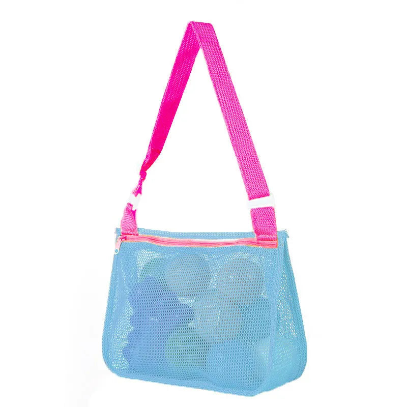 Blue nylon mesh travel storage bag with zip closure for children's toys and clothes