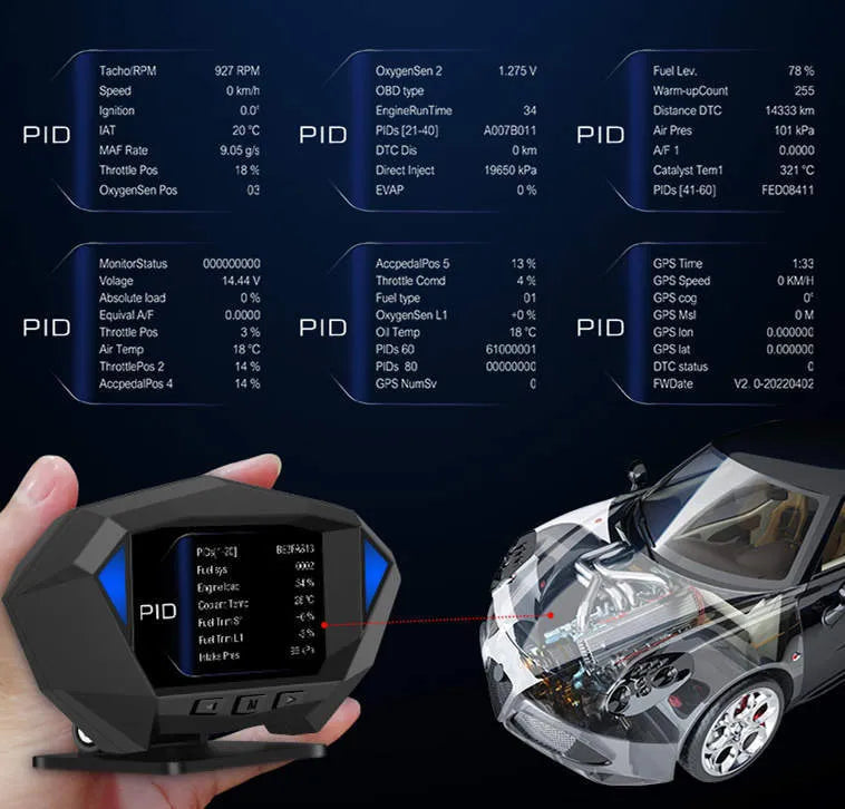 Black car head-up display HUD unit with OBD cable on a car dashboard.