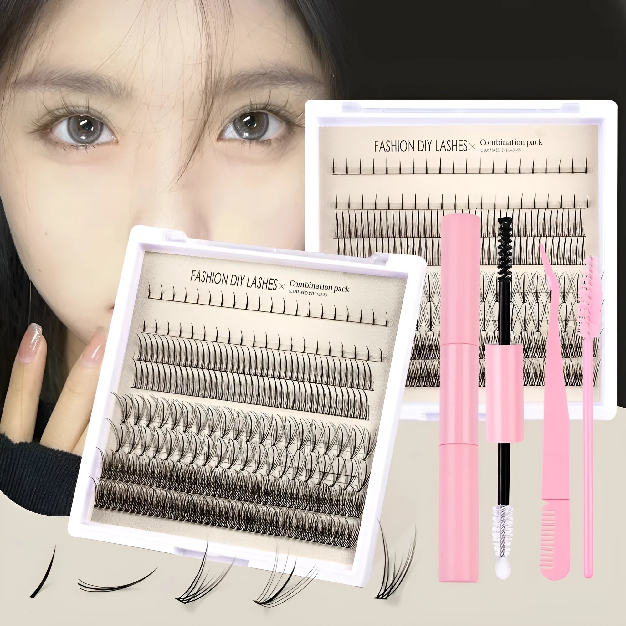 DIY false eyelash extension kit showing segmented clusters, black and pink adhesive bottles, an applicator brush, and tweezers on a pink background.