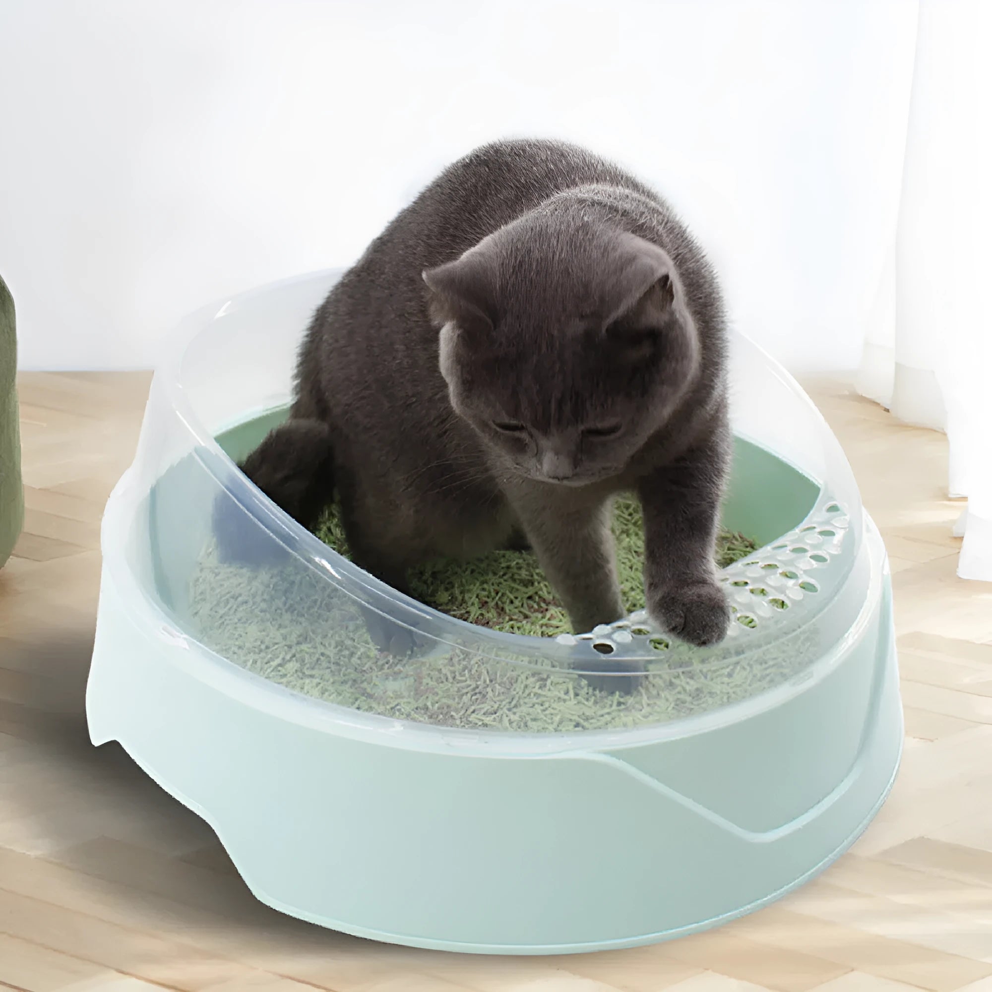 Round plastic cat litter box with deodorant features in mint green and pink colour options