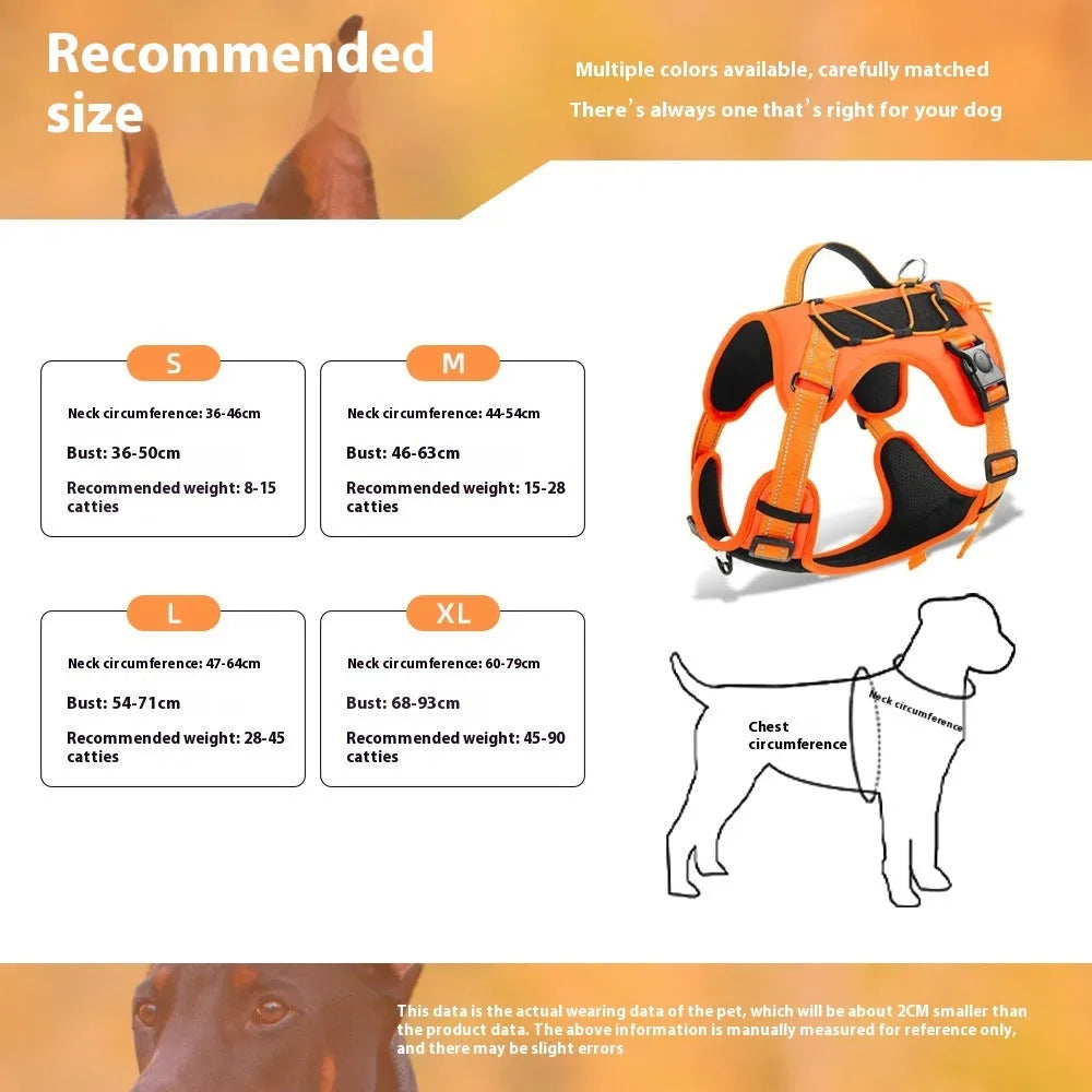 Orange reflective dog harness vest with explosion-proof hand-holding rope on a model dog