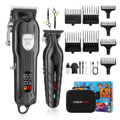 Black professional hair clipper set with LCD display, shown with USB charging cable.