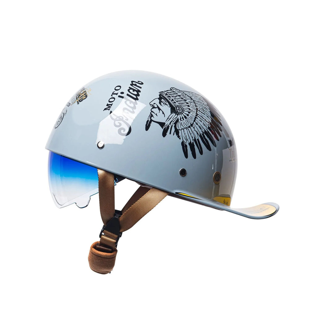 Men's bright black retro half helmet for electric bicycles with a gradient blue lens.