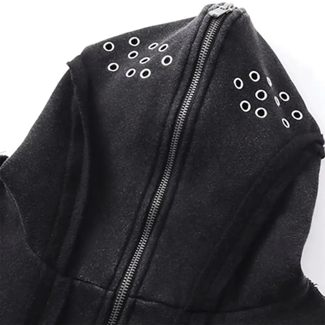 Black loose-fit zip-up hooded cardigan jacket with abstract pattern and padding on a hanger.