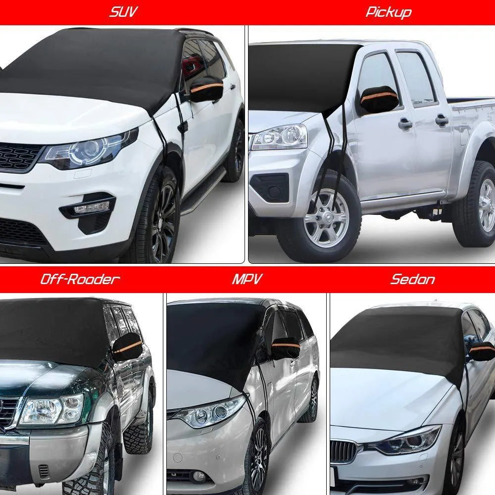 Black 210T polyester car windshield snow cover with six elastic bands, 205x150cm, for outdoor parking