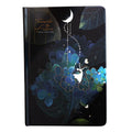 A5 spiral-bound notebook with a luminous coloured cover, open to show lined pages with colour illustrations.