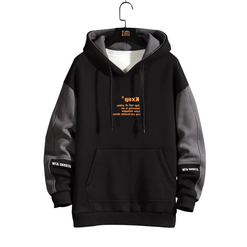 Men's Korean style fleece pullover hoodie in black with a hood and long sleeves