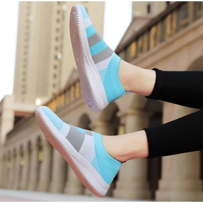 Women's knitted sock slip on sneakers with breathable mesh upper, foam sole, available in five colours sizes 35 to 43