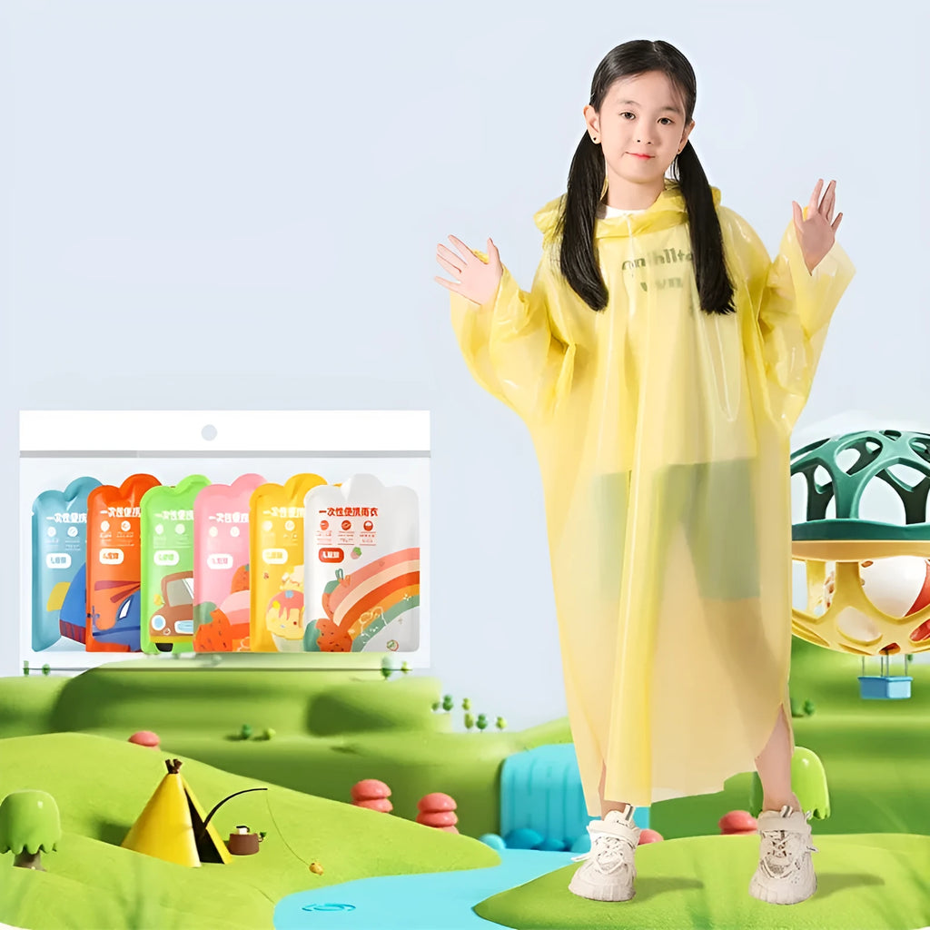 Disposable children's plastic poncho raincoat folded on a 13cm by 9cm card in assorted colours.