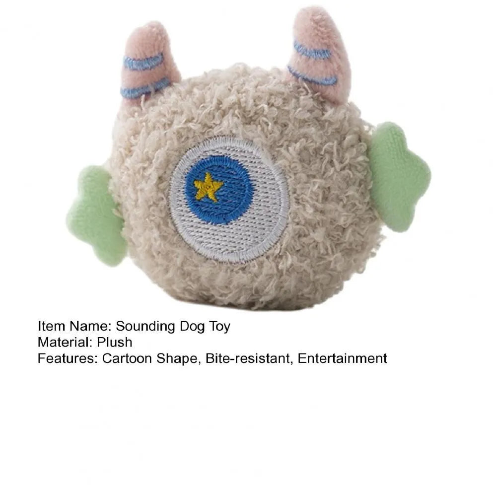 Cartoon-shaped plush dog chew toy with big eyes in multiple colour options