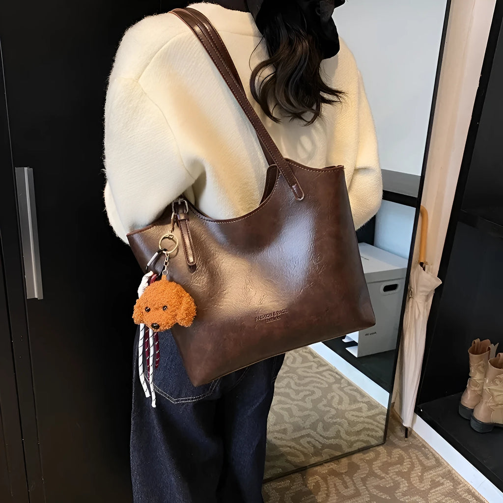 Women's PU retro commuter shoulder bag in horizontal square shape with stitching and detachable ribbon pendant