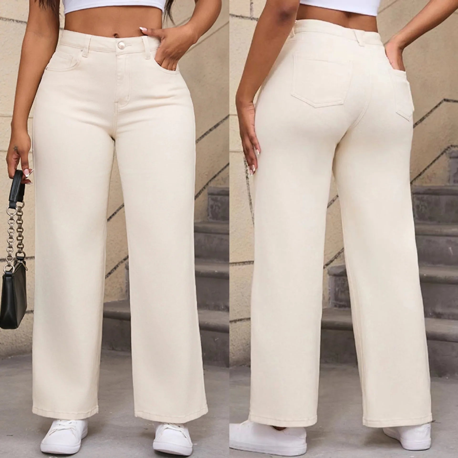 Women's apricot straight-leg wide trousers with a high waist on a hanger.