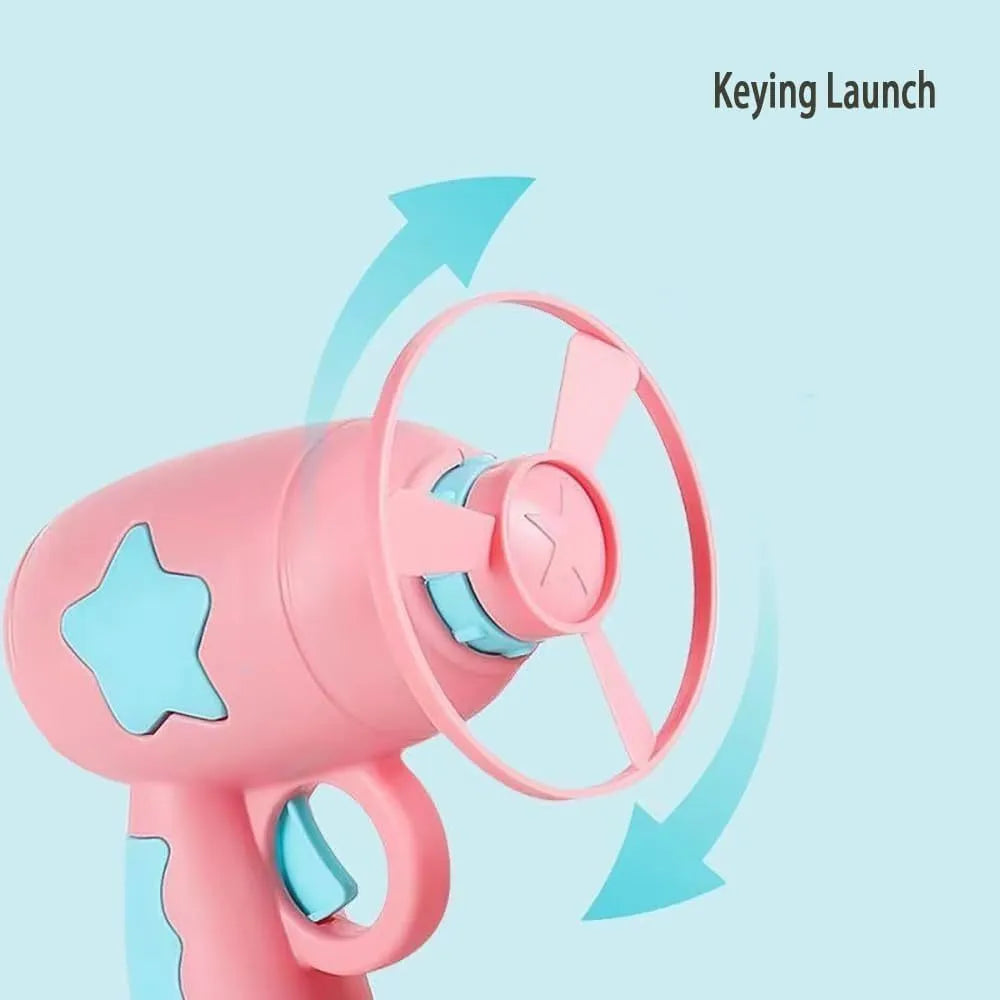 Blue plastic cat toy gun with spinning frisbee launcher for indoor play