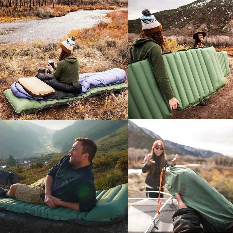 Single person inflatable camping mattress in grey colour, shown expanded to 195cm length.