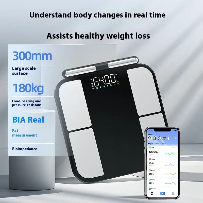 Black electronic bathroom scales with tempered glass platform showing body composition analysis on colour screen