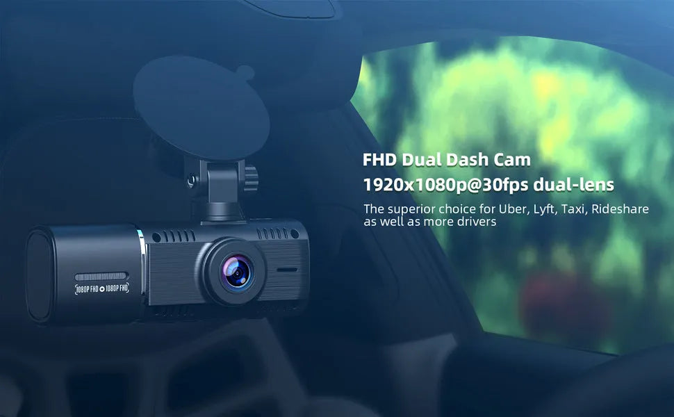 Black dual-lens car dash cam with 1.5-inch screen, mount, and car charger on a dashboard.