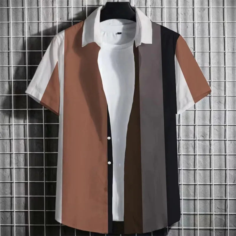 Men's striped linen T-shirt with 3D printing design in extended sizes