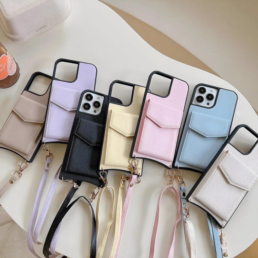TPU leather back cover phone case for iPhone in an inclined straddle design, shown in a solid colour.