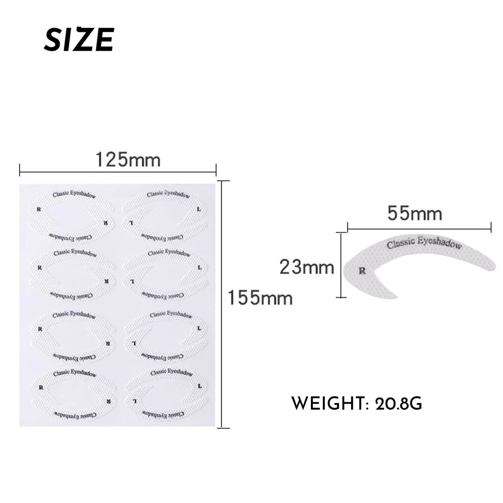 Four reusable silicone eyeliner stencil templates on a pink background, showing winged and graphic design cut-outs.