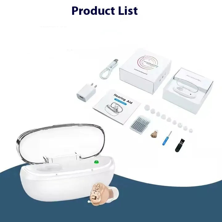 Invisible in-ear hearing aid with intelligent noise reduction, USB rechargeable, over 12 hours battery life