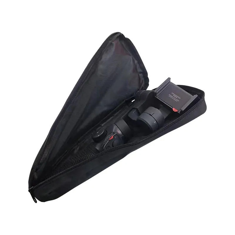 Black cloth zippered storage pouch for a mobile phone gimbal and its accessories on a table