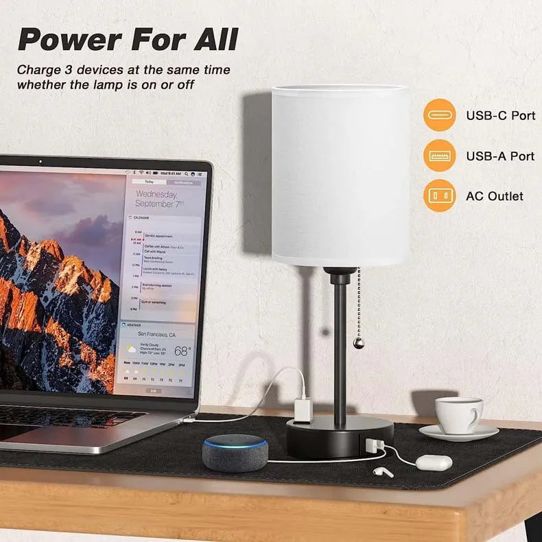 Taye C fabric table lamp with USB charging port and straight linen lampshade in modern simplicity style