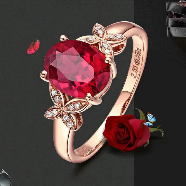 Women's butterfly ring with heart shape design in 18k rose gold plating with red enamel colour option