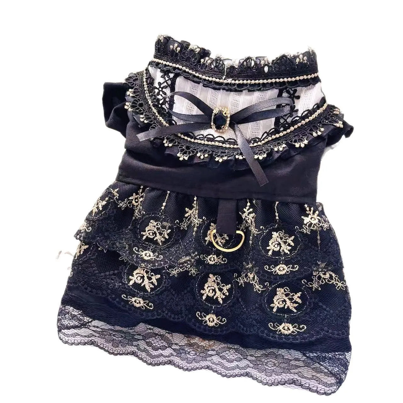 Golden Gothic-style princess skirt costume on a small dog, showing detailed sizing for pet clothing.
