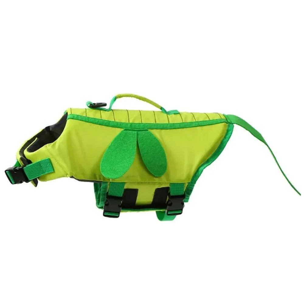 Green dog life vest with reflective strips and adjustable straps for summer water safety