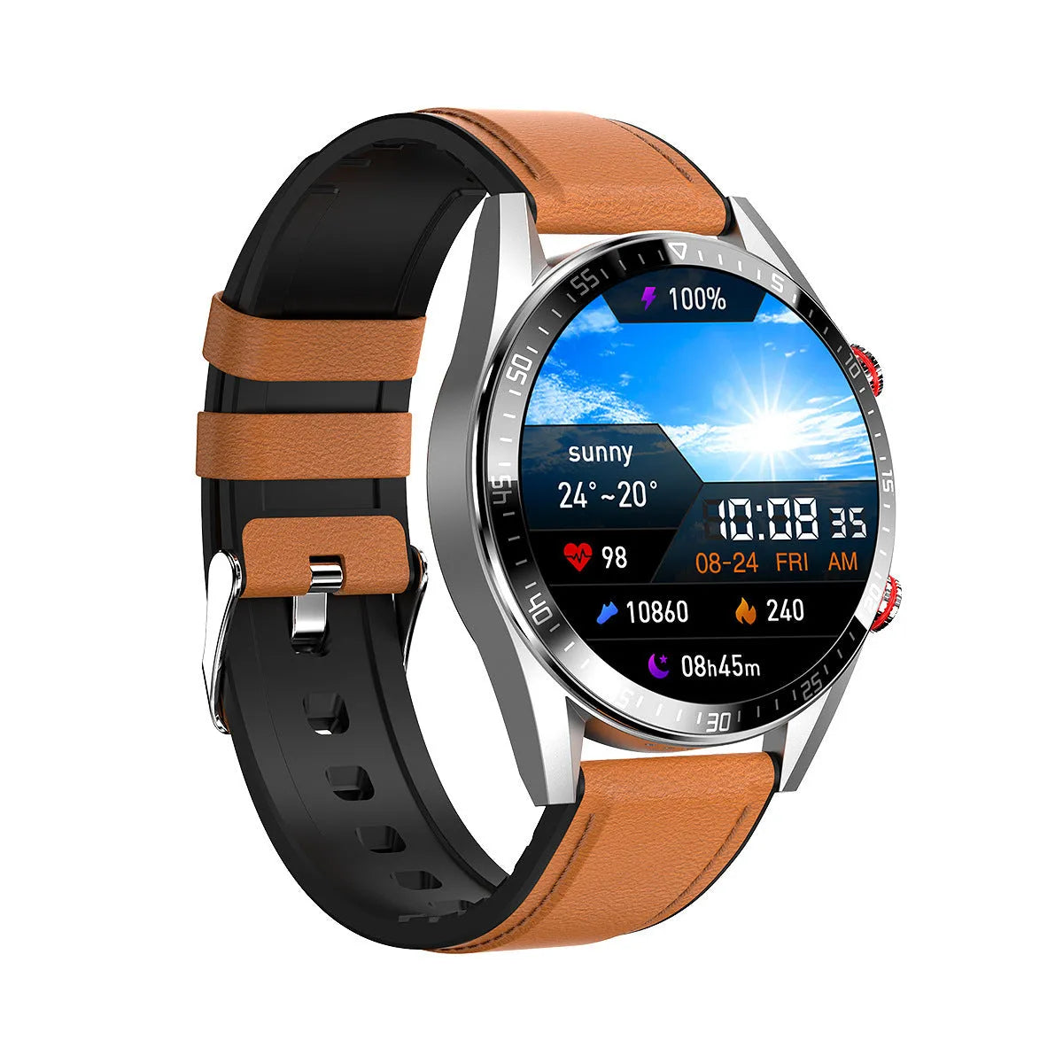 Smart watch with 1.39-inch HD screen, leather strap, heart rate and blood pressure sensors, 30-metre waterproof rating