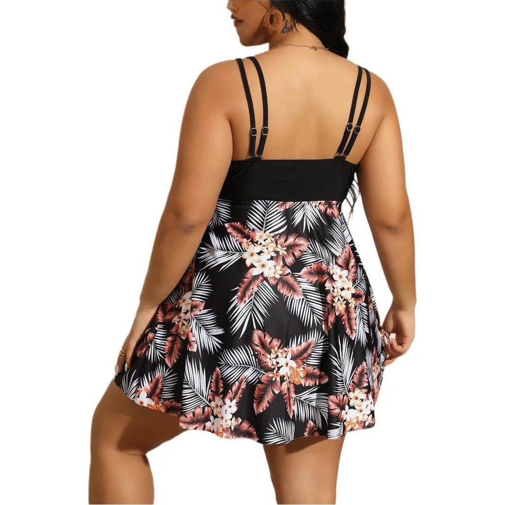 Plus size women's bikini in leopard print with conservative skirt briefs, sizes 0XL-5XL.