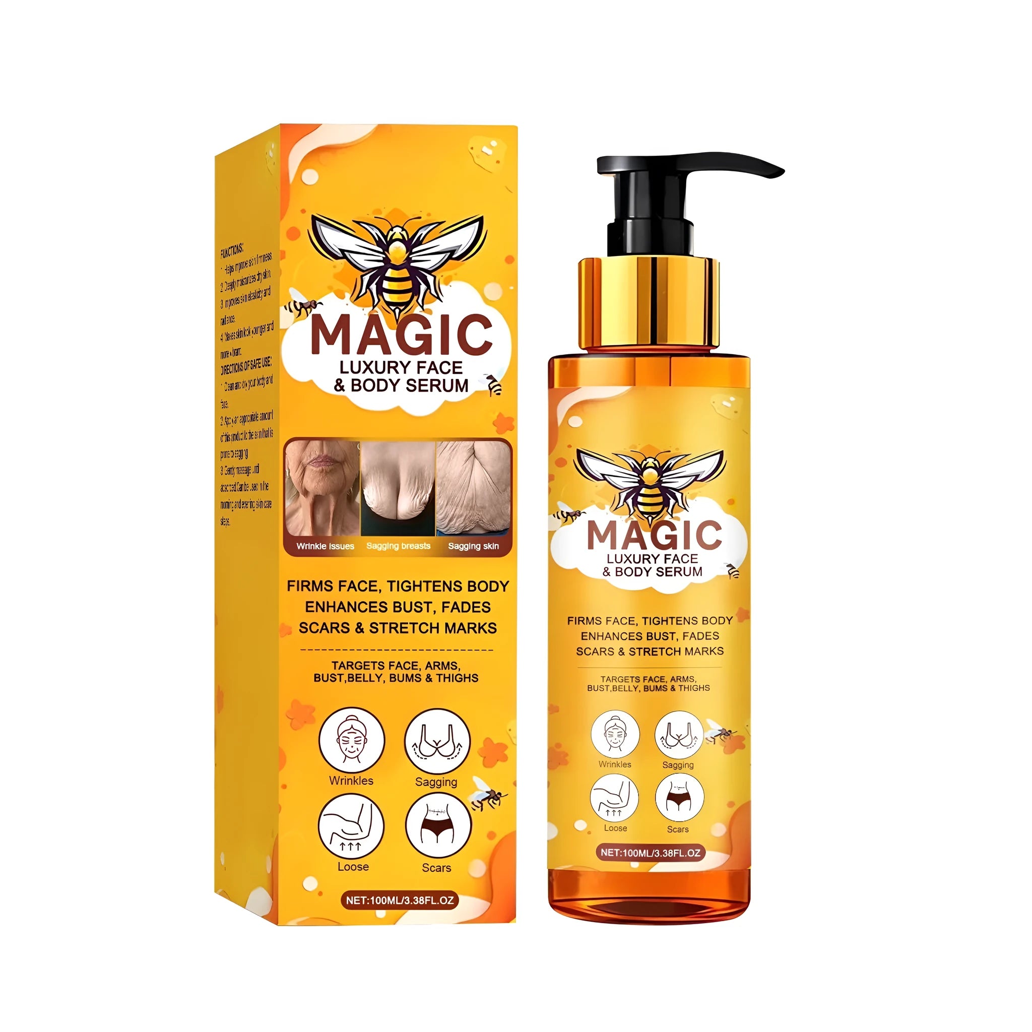 Tightening and Light Texture Liquid face serum in 100ml bottle with bee venom and hyaluronic acid ingredients list