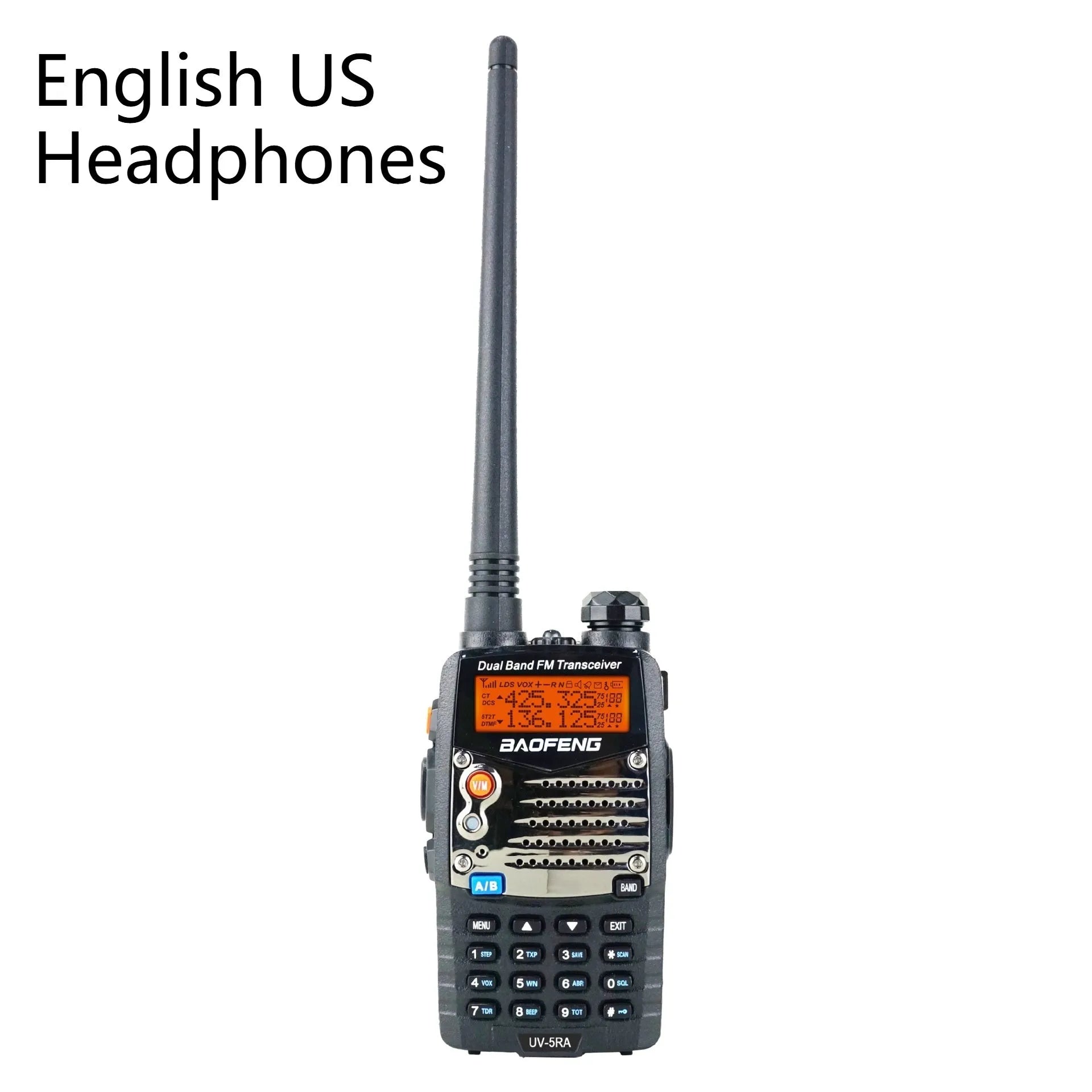 Baofeng UV-5RA dual-band walkie talkie with dual display and multiple headset configuration options