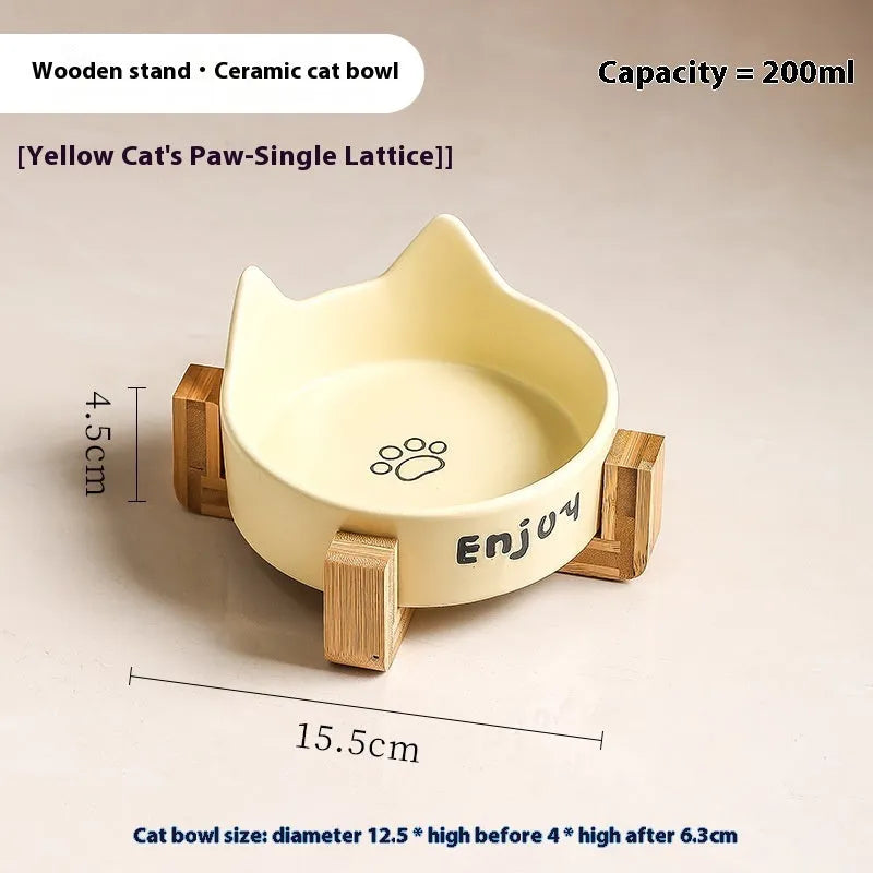 Ceramic cat bowl set with wooden anti-slip frame in cat paw design